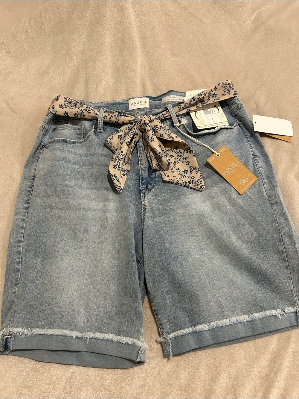Angels Light Blue Denim Bermuda Shorts with Beige Floral Sash
